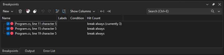 Screenshot that shows the Breakpoints window.