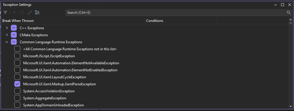 Screenshot of the Exception Settings dialog.