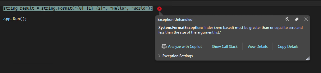 Screenshot that shows a System.FormatException.