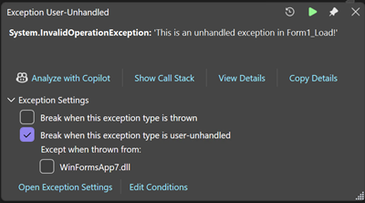 Screenshot that shows a Windows Form unhandled exception.