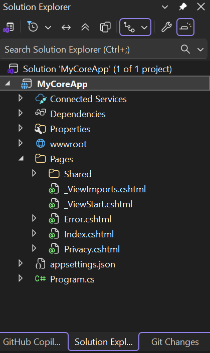 Screenshot shows the contents of the Pages folder in the Solution Explorer.