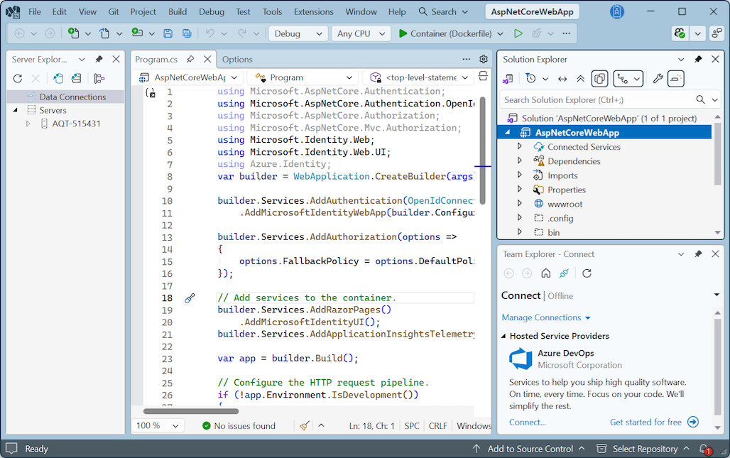 Screenshot that shows Visual Studio in Cool Breeze theme.