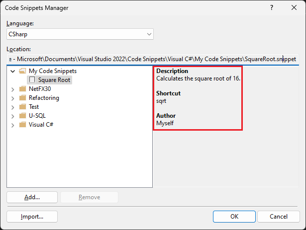 Screenshot showing a code snippet description in Code Snippet Manager.