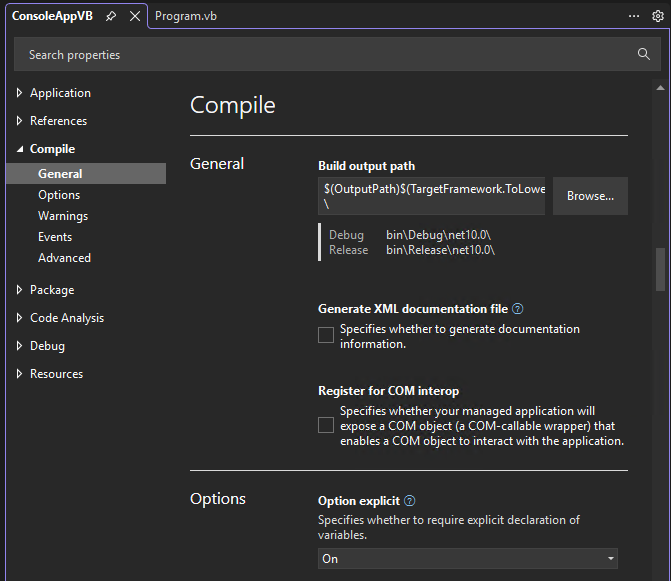 Screenshot of the Project Designer, with the Compile tab selected.