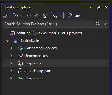 Screenshot of Solution Explorer with a Properties node showing.