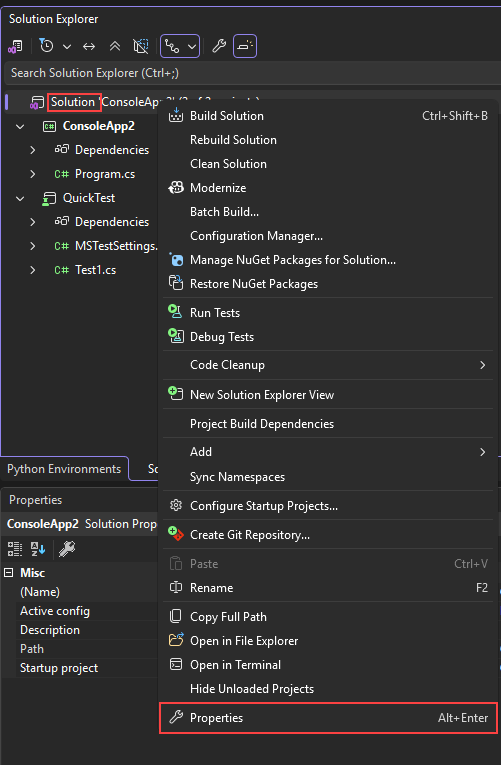 Screenshot of the solution node right-click menu.