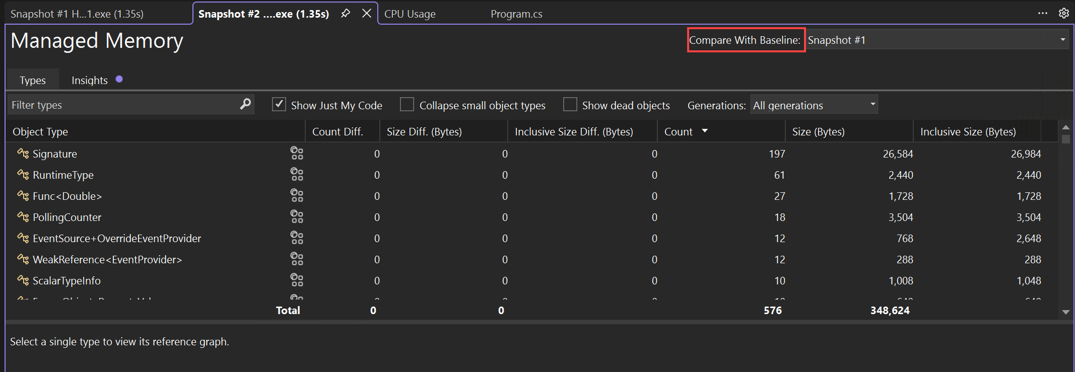 Screenshot that shows the Diagnostic Tools heap diff view.