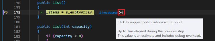 Screenshot of PerfTip with Copilot optimization suggestion.