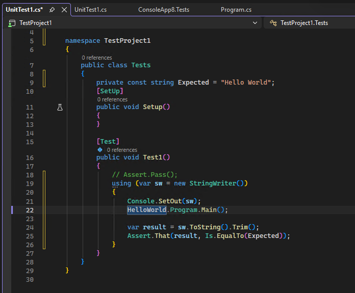 Screenshot that shows code in the unit test file.