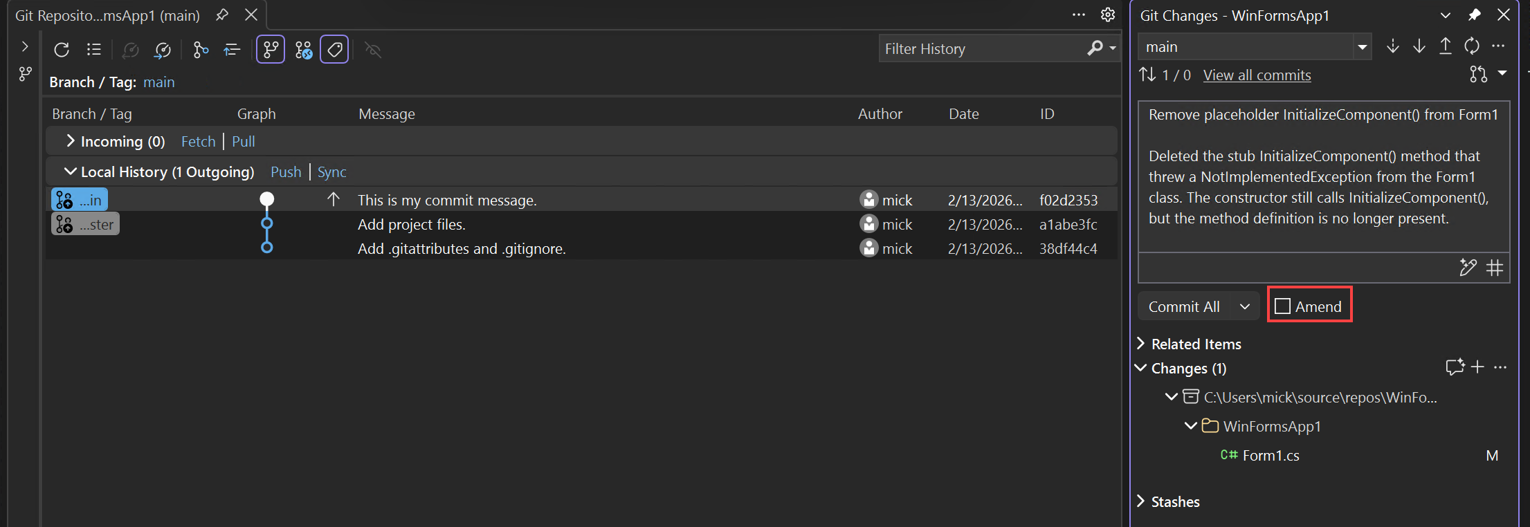 Screenshot of amending code changes by using the Git Changes window.