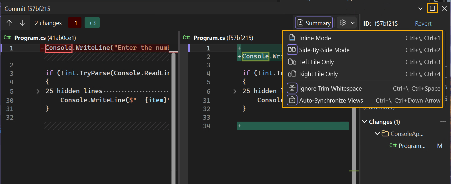 Screenshot of full-screen commit details with diff configurations.