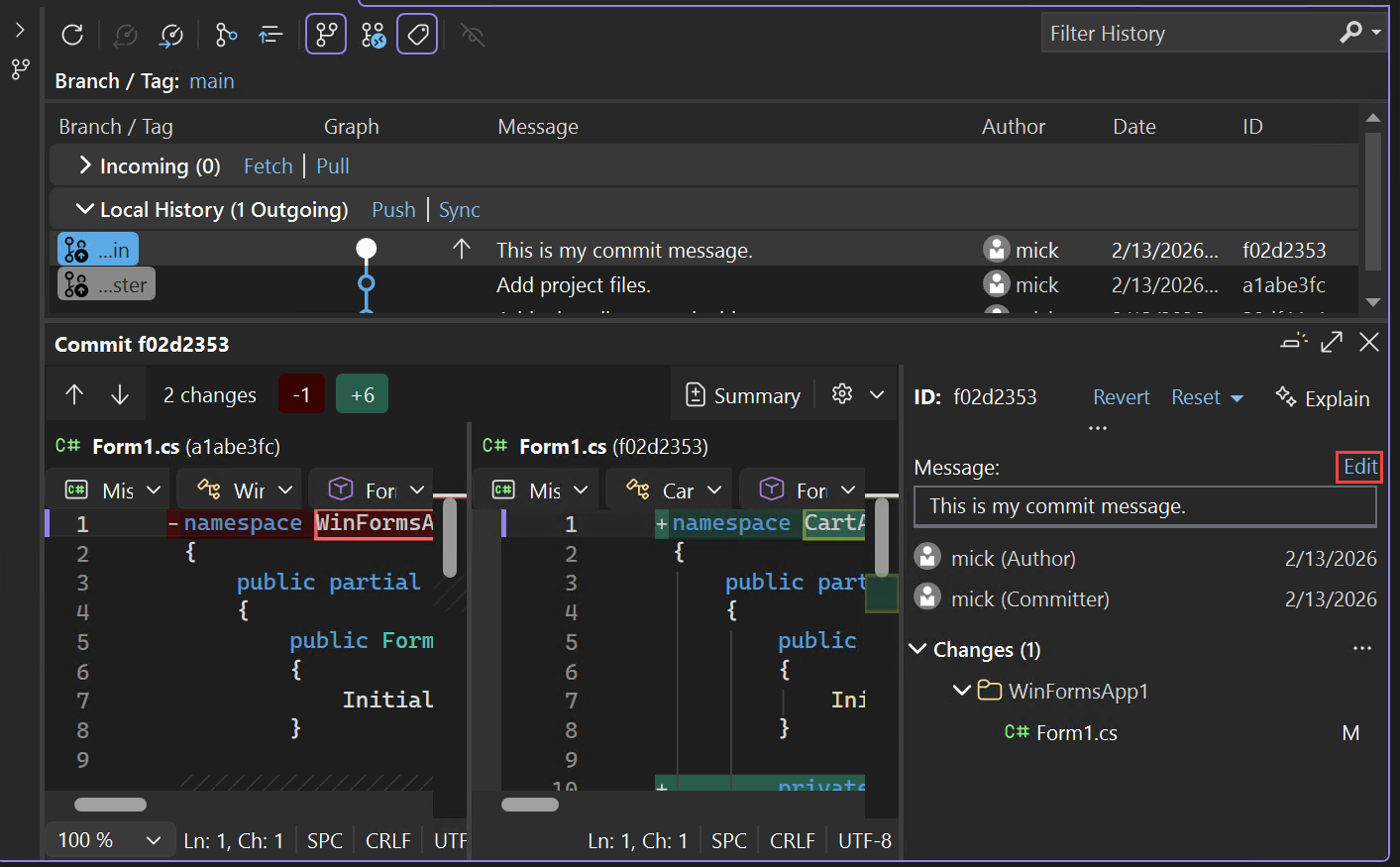Screenshot of editing a commit message.