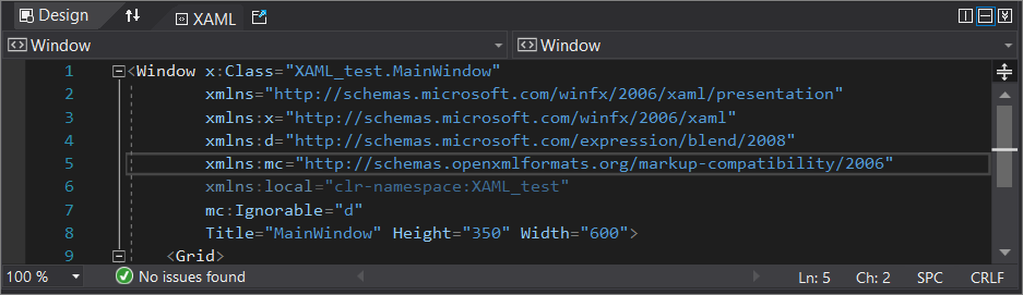 Screenshot of the XAML code editor window in Visual Studio.