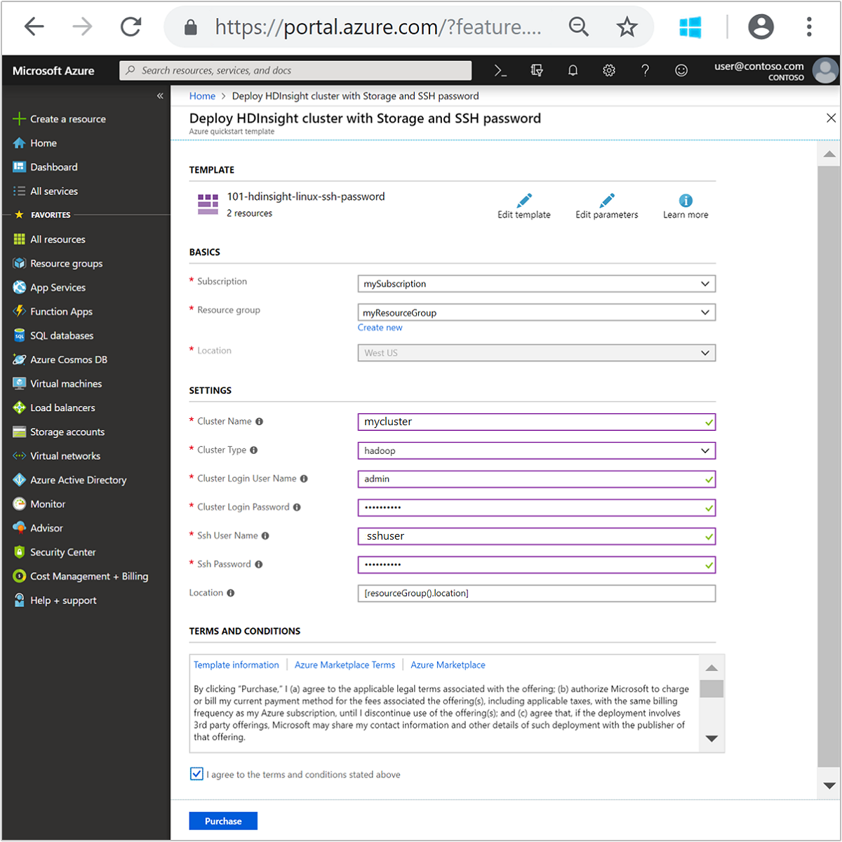 Een Resource Manager-sjabloon voor HDInsight Linux wordt in het portaal gestart.