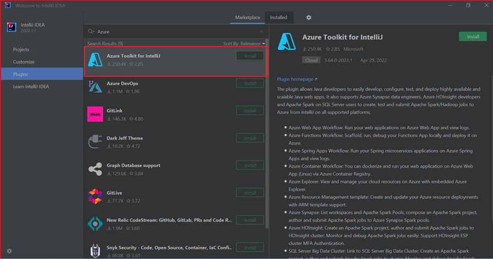 Schermopname van IntelliJ Azure Tool Kit.