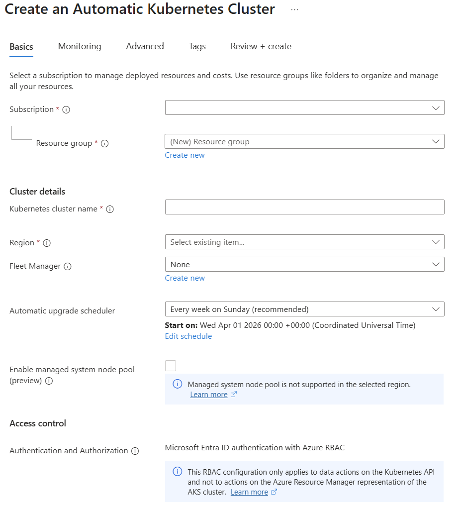 De schermopname van het tabblad Maken - Basisbeginselen voor een automatisch AKS-cluster in de Azure portal.