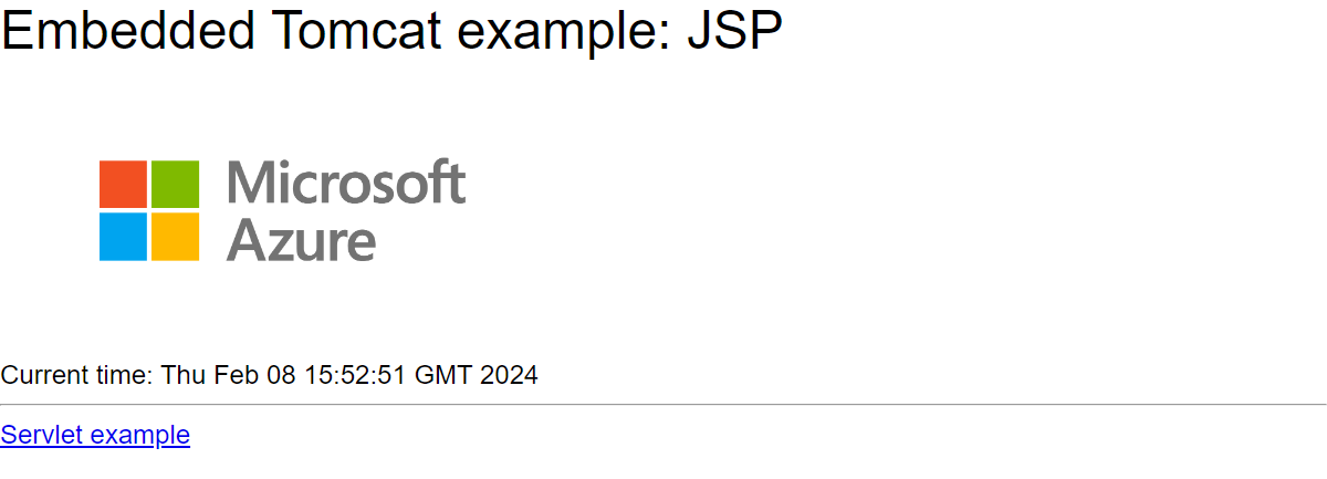 Schermopname van ingesloten Tomcat-web-app die wordt uitgevoerd in Azure App Service.