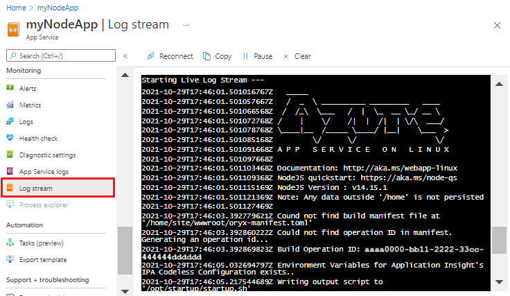 Schermafbeelding van Logboekstream in Azure App Service.