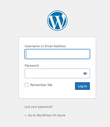 Schermopname van wordPress-beheerdersaanmelding bij Azure App Service.