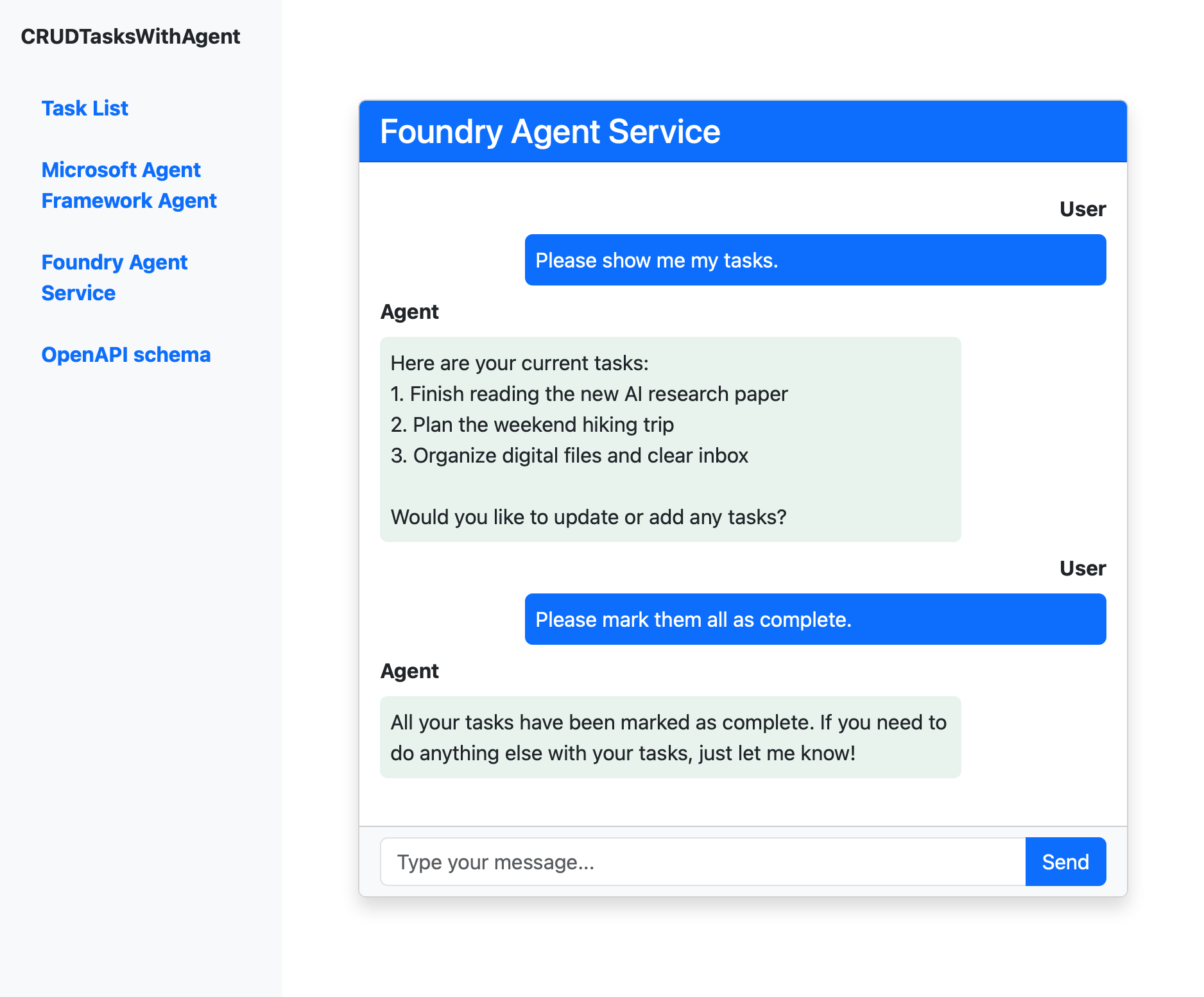 Schermopname van een chatsessie met een Foundry-agent.