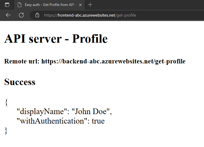 Schermopname van een webbrowser die de frontend-toepassing toont na het succesvol ophalen van een nepprofiel van de back-end-app.