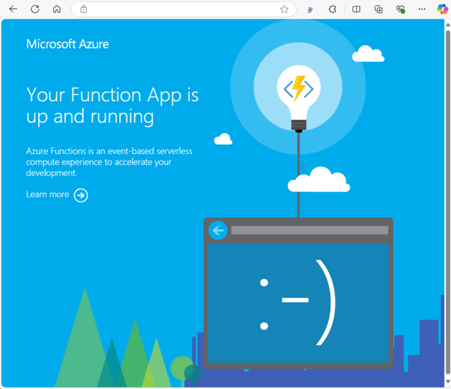 Schermopname van de welkomstpagina van de Azure Functions-app.