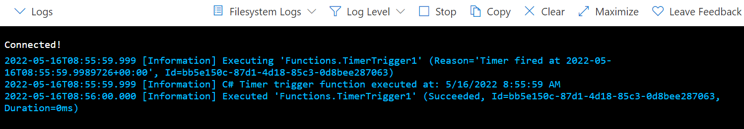 Schermopname van de pagina 'Timertrigger weergeven' in de Azure Portal.