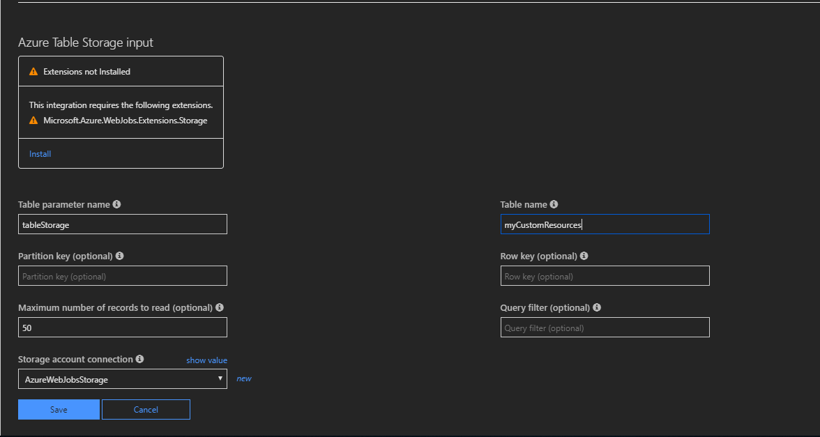Schermopname van het tabblad Azure Functions Integreren met de configuratie van Azure Table Storage-bindingen.