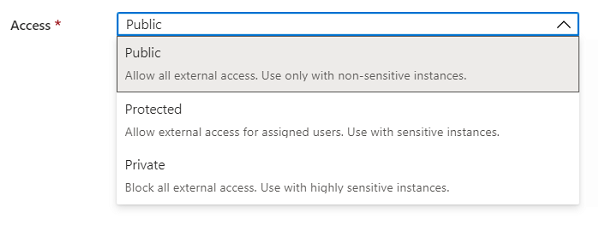 Schermopname van het element Microsoft.Common.DropDown UI met één selectie en itembeschrijvingen.