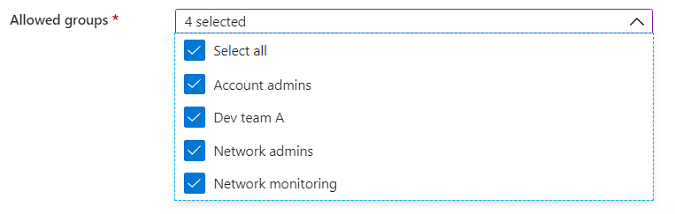 Schermopname van het element Microsoft.Common.DropDown UI met meervoudige selectie ingeschakeld, inclusief een optie Alles selecteren.