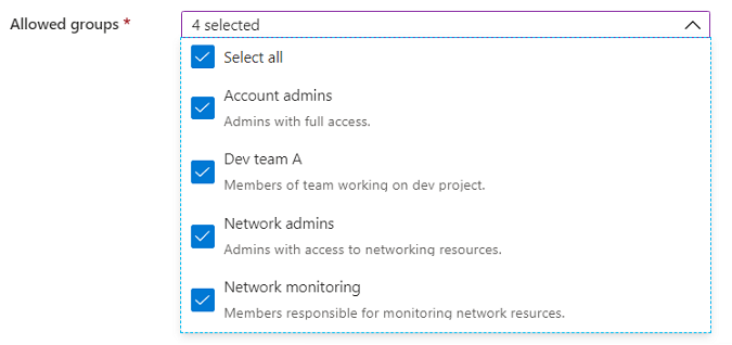 Schermopname van het element Microsoft.Common.DropDown UI met meervoudige selectie ingeschakeld en itembeschrijvingen.