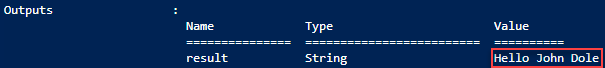 Schermopname van uitvoer van implementatiescript voor Azure Resource Manager-sjablonen, **hallo wereld**.