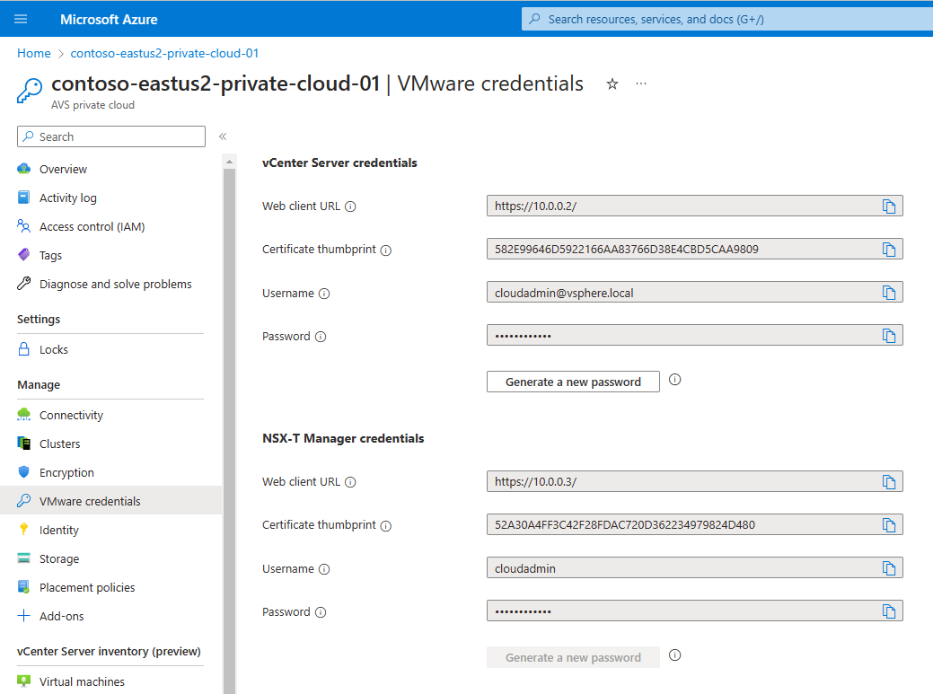 Schermopname van de URL's en referenties van vCenter en NSX Manager in de Azure portal in de privécloud.