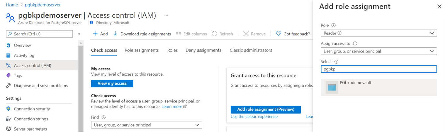 Schermopname van de optie voor het instellen van toegang tot de M S I Reader van een Azure Backup-kluis op een Azure Database for PostgreSQL-server.