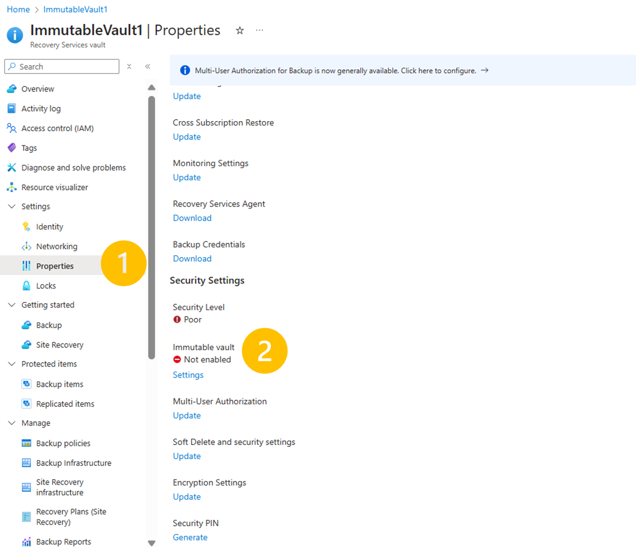 Screenshot waarin wordt getoond hoe u de instellingen van de onveranderbare kluis kunt openen.