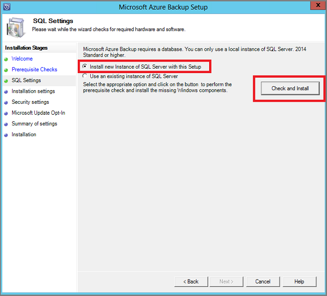 Schermopname van het dialoogvenster SQL-instellingen en de optie 'Nieuwe instantie van SQL Server installeren met deze Setup' geselecteerd.