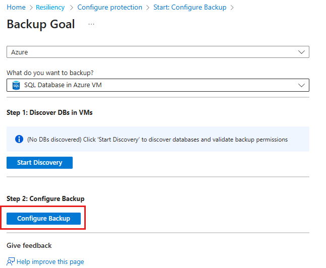 De schermafbeelding toont de selectie van Configure Backup.