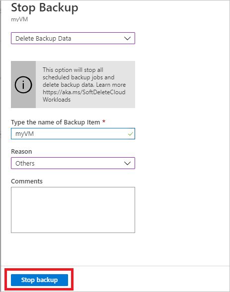 Schermopname van selecties voor het stoppen van een back-up.