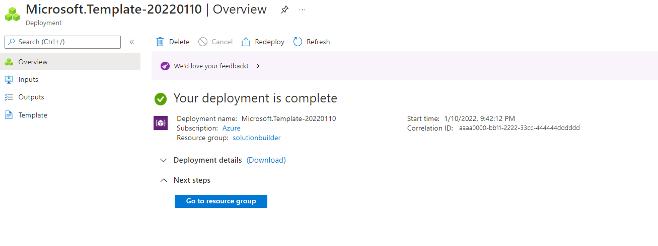 Schermopname van een voltooide Azure Resource Manager-sjabloon.