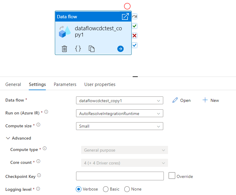Toont de gebruikersinterface voor een Data Flow-activiteit met controlepunt sleutel.
