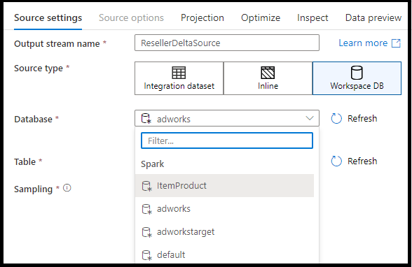 Schermopname waarop workspacedb is geselecteerd.