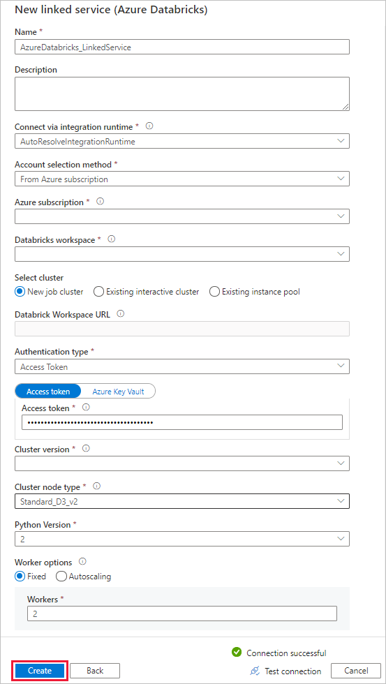 Schermafbeelding met de configuratie van de nieuwe Azure Databricks linked service.