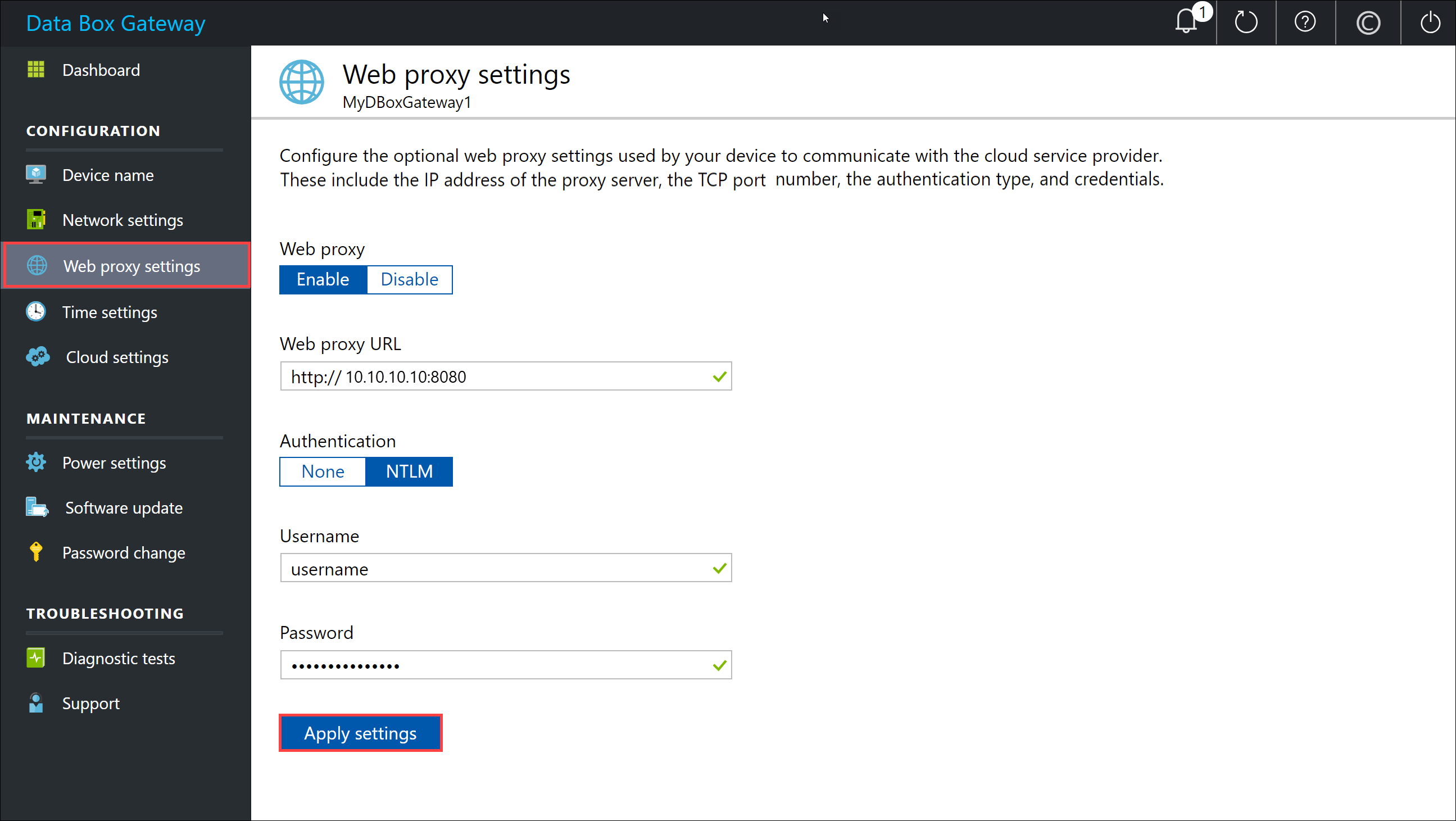 pagina 'Webproxy-instellingen' van de lokale webgebruikersinterface