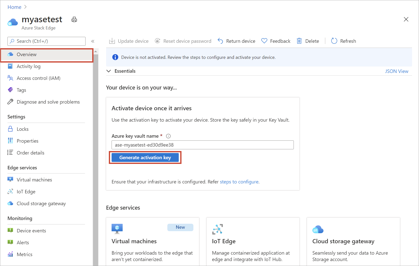 Schermopname van het deelvenster Overzicht voor een zojuist gemaakte Azure Stack Edge-resource. De knop Activeringssleutel genereren is gemarkeerd.