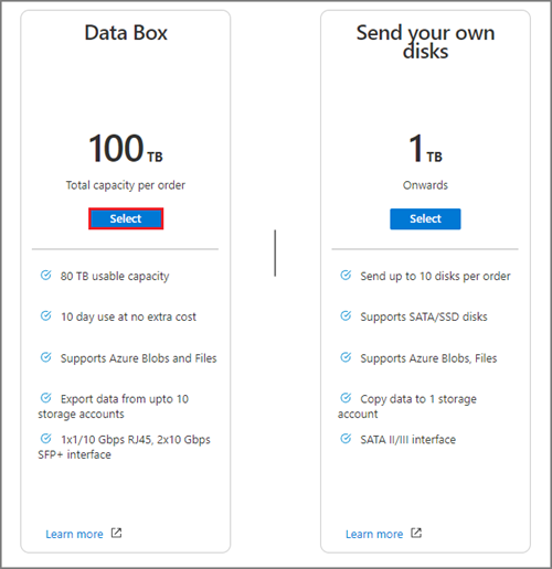 Schermopname van de beschikbare Data Box-capaciteitsopties bij het maken van een Data Box-exportorder.
