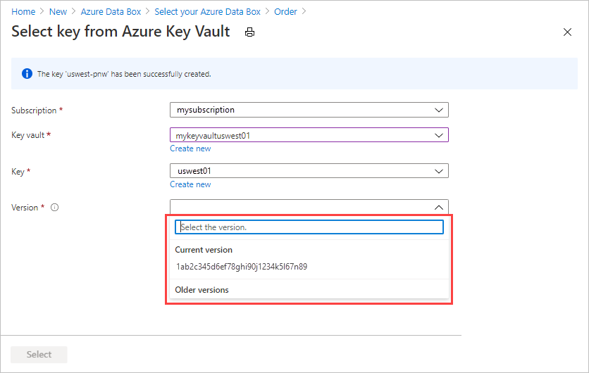 Schermopname waarin wordt bevestigd dat er een nieuwe Azure Key Vault-sleutel wordt gemaakt die wordt gebruikt om een door de klant beheerde sleutel op het tabblad Beveiliging van de Data Box-exportorder op te geven.