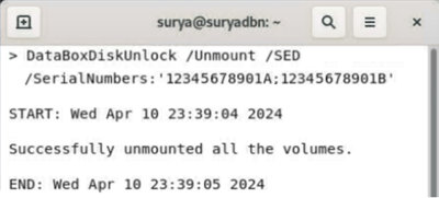 Schermopname met voorbeelduitvoer die toont dat de Data Box Disk succesvol is ontkoppeld.