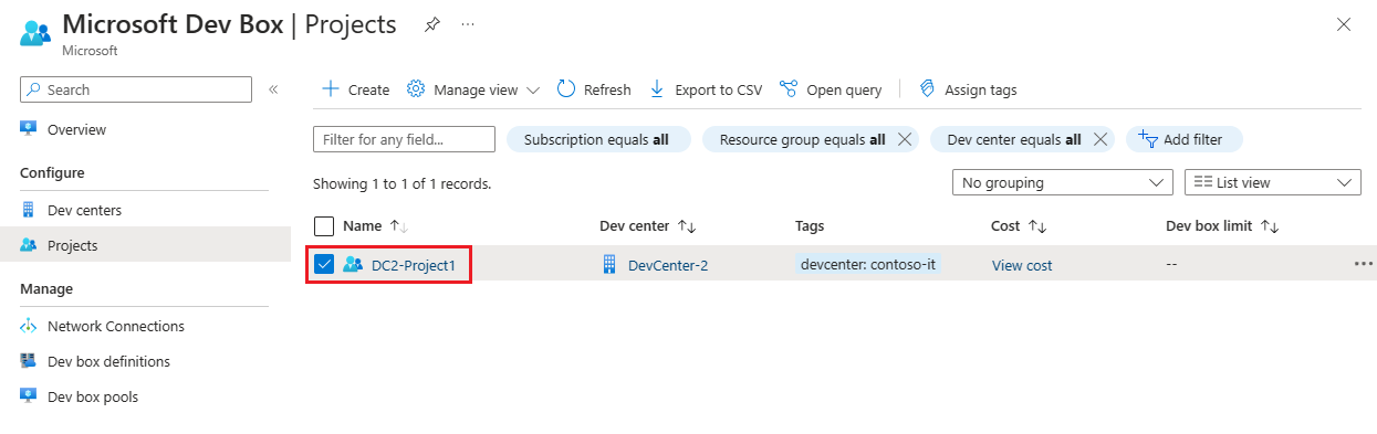 Schermopname van de lijst Projecten met projectenraster en zoekresultaten in Azure Portal.