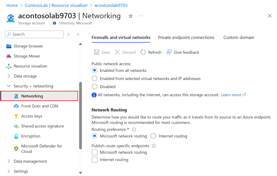 Schermopname die laat zien hoe de netwerkconfiguratie van het opslagaccount voor een DevTest Labs-labresource kan worden bekeken.