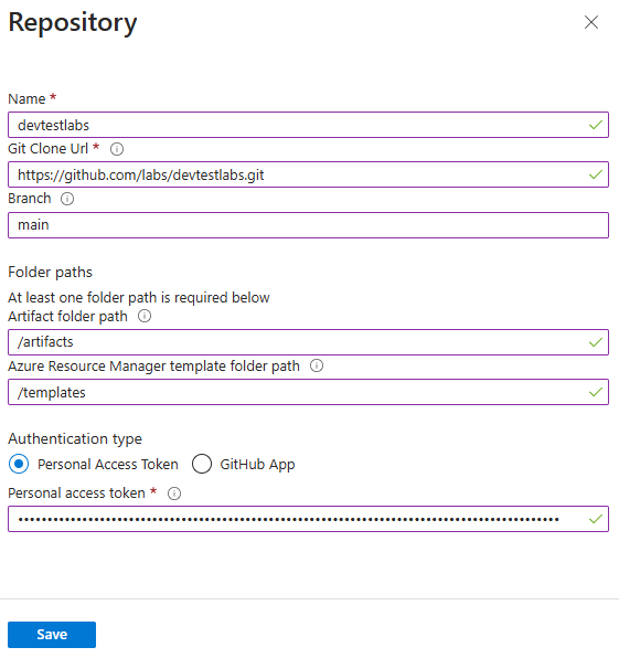 Schermopname van GitHub-instellingen voor het toevoegen van een nieuwe sjabloonopslagplaats aan een lab.